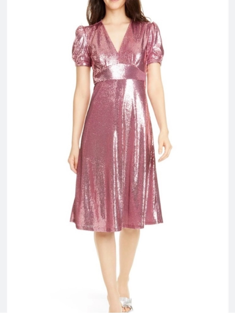 HVN Pink Shimmer Sequin Paula V-Neck Midi Dress Fit & Flare Date Night Size 2
